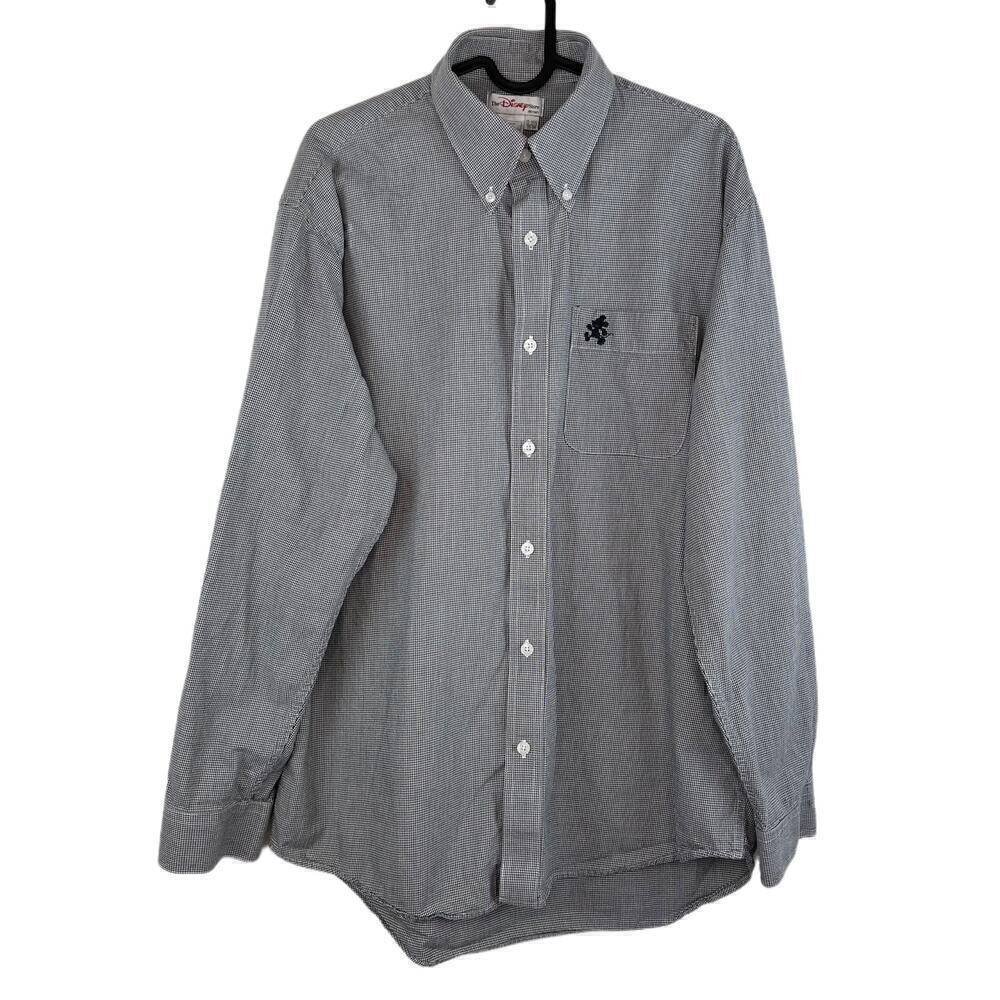 Disney Men's Mickey Mouse Embroidered Black Micro Houndstooth L/S Shirt Medium